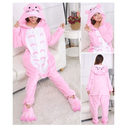 Pink Totoro Kigurumi Oneise Cartoon Animal Zipper Flannel Costume For Adult