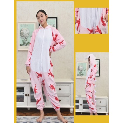 Pink Printing Dinosaur Kigurumi Onesie Pajama Lovely Cartoon Animal Halloween Costume For Adult