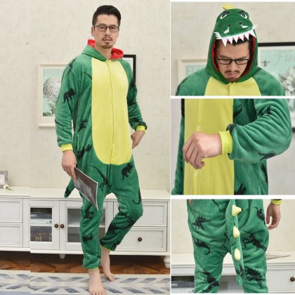 Green Printing Dinosaur Kigurumi Onesie Pajama Animal Halloween Costume