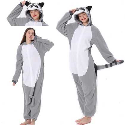 Light Grey Raccoon Kigurumi Onesie Pajama Cartoon Animal Cosplay Costume For Adult