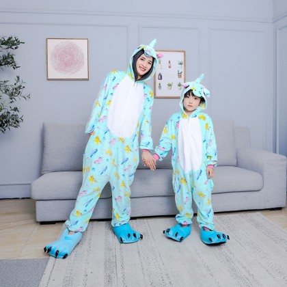Parent-Child Fannel Aqua Green Printed Pegasus Onesies Kigurumi Pajama For Halloween