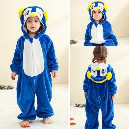 Blue Earphone Penguin Onesie Infant Romper Toddler Pajamas For Baby Halloween Costume 