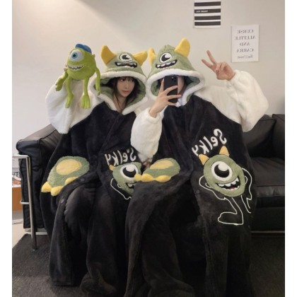 Big-Eye Monster Michael Wazowski Robes Hooded Loungewear Set For Couple Matching Halloween Costumes