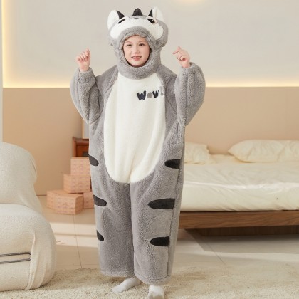 Big-Face Cat Onesie Kigurumi Thicked Pajamas For Kids Halloween Costumes
