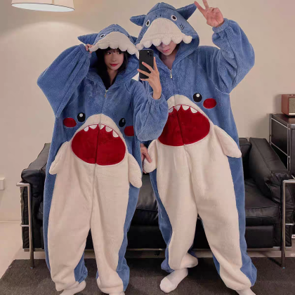 Big Red Mouth Shark Hooded Onesie Pajama Kigurumi For Halloween Couples Costumes