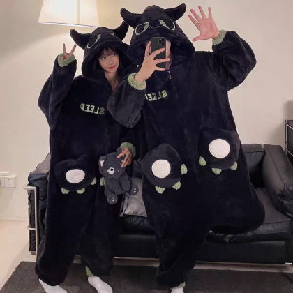 Black Cat Luo Xiao Hei Onesie Pajama Thicked Couples Kigurumi For Halloween Costumes