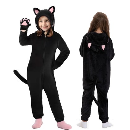 Black Cat Onesie with Cat Paw Kigurumi Animal Pajamas For Halloween Kids Costumes