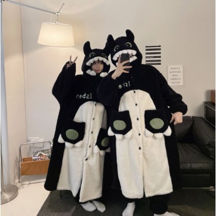Black Cat Robes Long Plush Hooded Loungewear Set For Halloween Couple Costumes