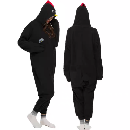 Cartoon Animal Black Chicken Onesie Kigurumi Pajamas Costume For Adult Halloween
