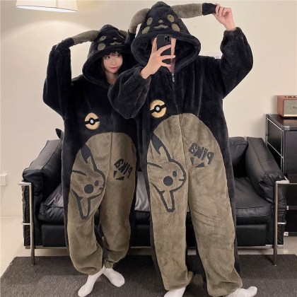Black Pokemon Pikachu Onesie Kigurumi Coral Fleece Couples Matching Pajama For Halloween