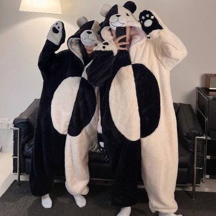 Black & White Bear Onesie Kigurumi Coral Fleece Pajama For Halloween Couples Costume