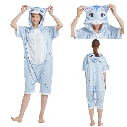 Blue Cat Pajama Short Sleeve Hoodie Kigurum Onesie For Adult
