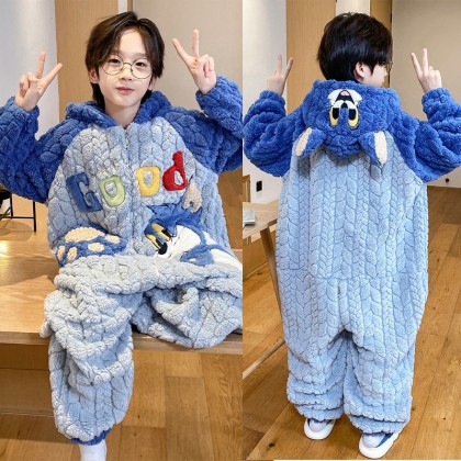 Blue Tom Cat Coral Fleece Onesie Pajamas For Kids Boys Halloween Costume