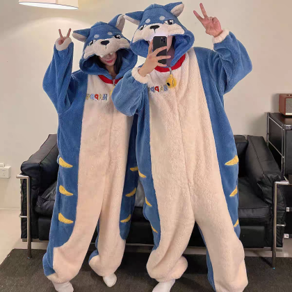Blue & White Pug Onesie Pajama Thicked Couples Kigurumi For Halloween Costumes