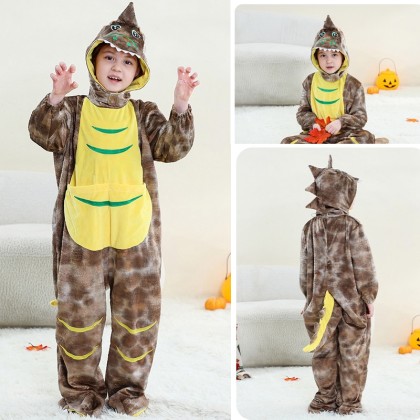 Kids Onesie Brown Dinosaur Kigurumi Costume Hat Detachable 