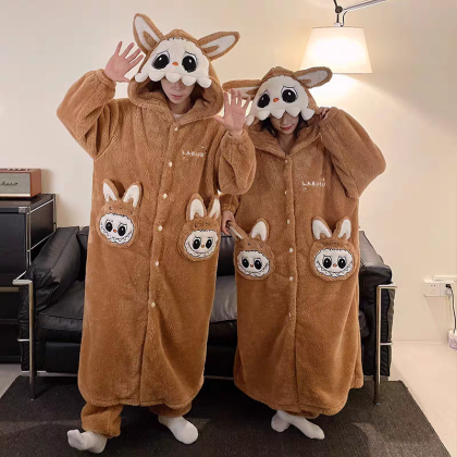 Brown Labubu Hooded Long Plush Robe Loungewear Set For Hallowee Couples Costumes