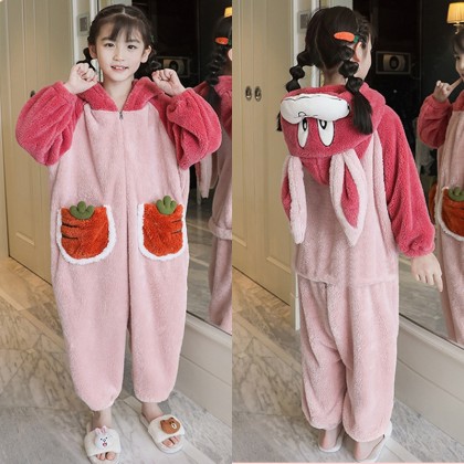 Carrot Bunny Coral Fleece Onesie Pajamas For Kids Halloween Costume