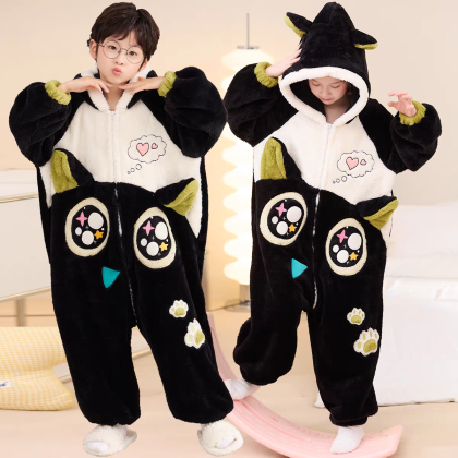 Cartoon Black Cat Onesie Pajamas Kigurumi For Kids Boys & Girls Halloween Costumes