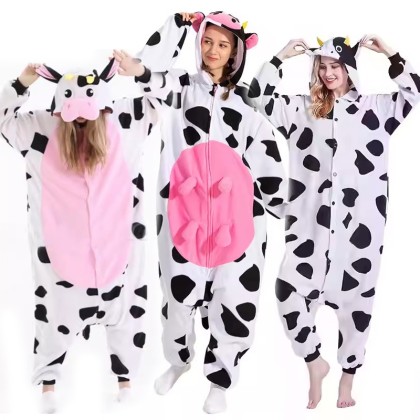 Cartoon Cow Kigurumi Onesie For Halloween Adult Group Costumes