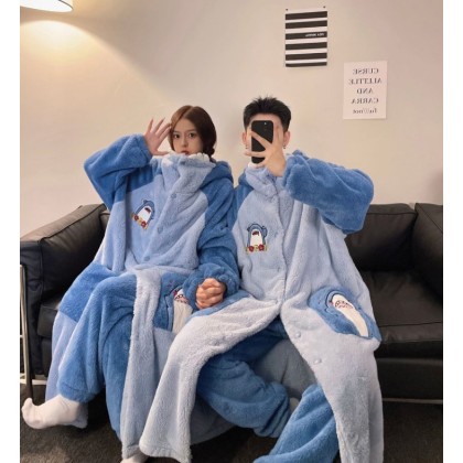 Cartoon Shark Robes Long Thickened Hooded Sleepwear Set For Halloween Couple Costumes