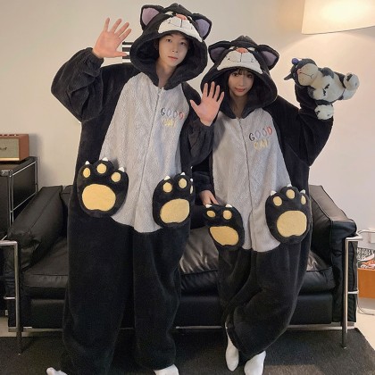 Cat Lucifer Onesie Coral Fleece Pajama Kigurumi For Couples Matching Halloween Costumes