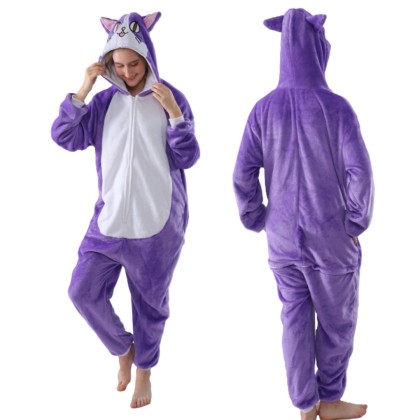 Adult Cute Animal Purple Cat Onesie Kigurumi Pajama Costumes