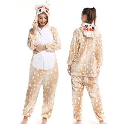 Cartoon Champagne Deer Onesise Pajamas Kigurumi For Adults Halloween Costumes