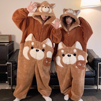 Chocolate Corgi Dog Hooded Onesie Pajama Thicked Kigurumi For Halloween Couple Costumes