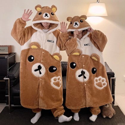 Sweet Cookie Bear Couple Robes Long Plush Hooded Loungewear Set For Hallowee Costumes