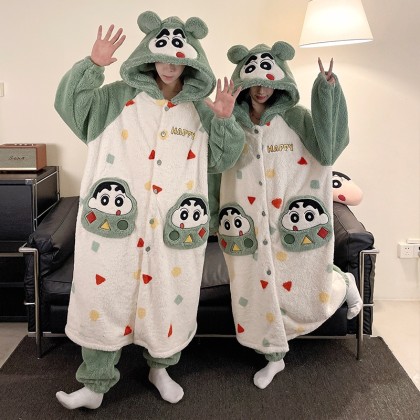 Green Crayon Shin-chan Couples Robe Long Plush Hooded Loungewear Set For Hallowee Costumes