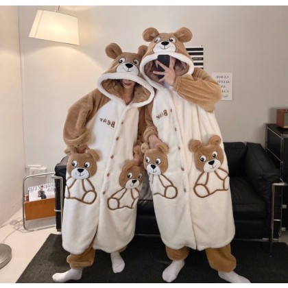 Cute Bear Robes Long Plush Hooded Loungewear Set For Couple Matching Halloween Costumes