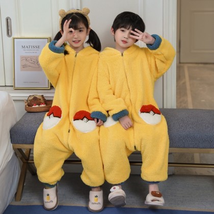 Cute Pikachu Onesie Pajama Plush Kigurumi For Boy& Girls Halloween Kids Costume