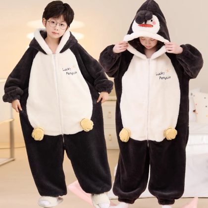 Dark Gray Penguin Coral Fleece Onesie Pajama For Kids Boys & Girls Halloween Costumes