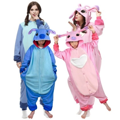 Stitch & Angle Kigurumi Onesie For Adults & Kids Matching Family Halloween Costumes 