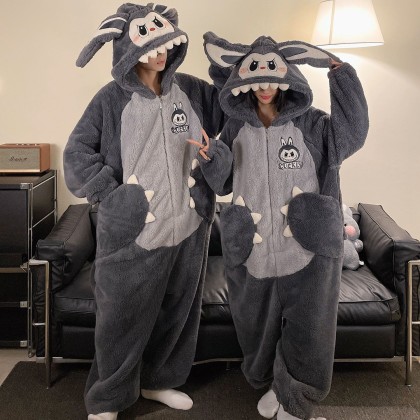 Gray Labubu Onesie Kigurumi Coral Fleece Pajama For Halloween Couples Costume