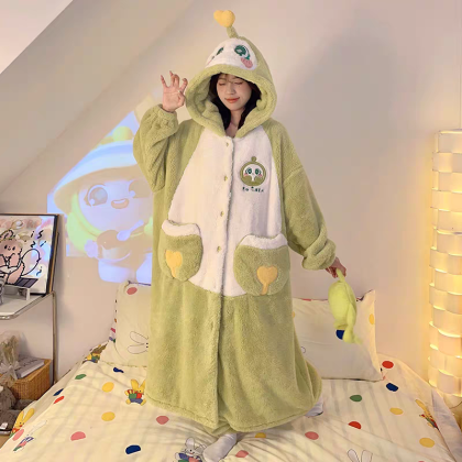 Green Cartoon Print Hooded Robe Set For Adults Female Halloween Costumes