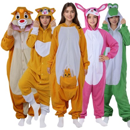 Cartoon Animal Kangaroo Squirrel Corgi Rabbit Yoshi Kigurumi Onesie For Adults Halloween Group Costumes  