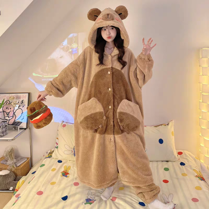 Khaki Bear Robe Long Plush Loungewear Set For Halloween Adults Costumes