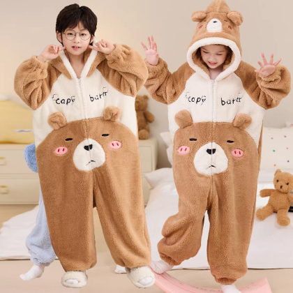 Light Brown Cute Bear Onesie Pajamas Kigurumi For Kids Halloween Costumes