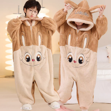 Light Brown Labubu Onesie Pajamas Kigurumi For Kids Boys & Girls Halloween Costumes