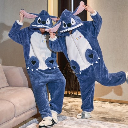 Dark Blue Stitch Onesie Cute Christmas Matching Pajamas For Couples Kigurumi Sleepwear