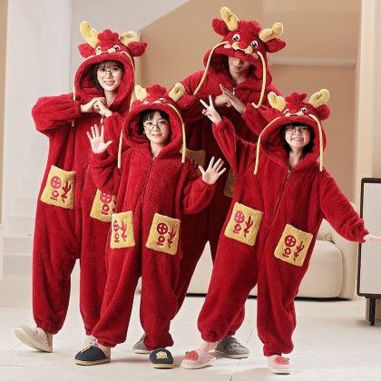 New Year Dragon Onesie Pajamas Matching Family Thick Coral Fleece Holiday Kigurumi