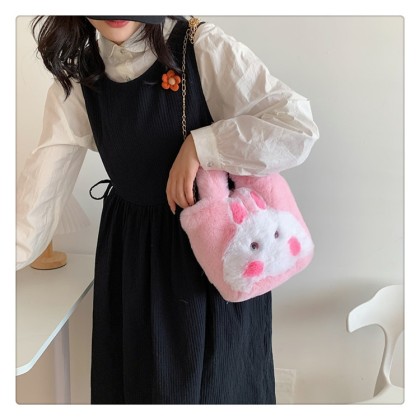 Cute Cartoon Rabbit Tote Girls Patchwork Plush Cross-Body Bag 