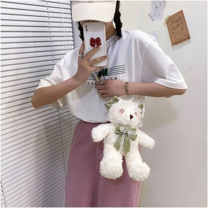 Ribbon Hug Bear Doll Plush Soft Cartoon Pearl Chain Cross-Body Bag