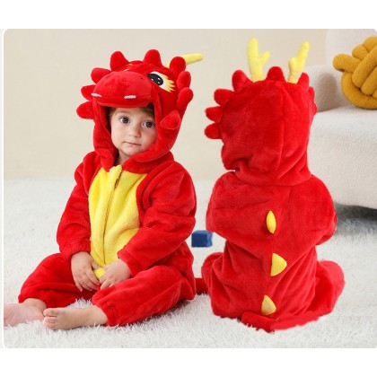 Red Dragon Romper Baby Flannel Animal Kigurumi Halloween Toddler Costumes 