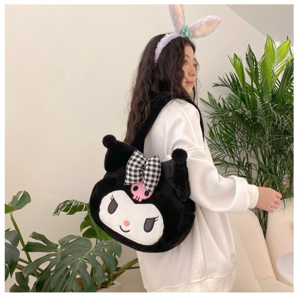 Black Girly Heart Kuromi Cute Plush Large Capacity Tote Bag 