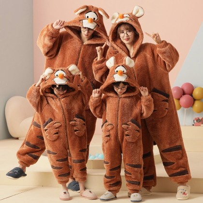 Brown Tiger Matching Family Christmas Pajamas Set Coral Fleece Holiday Kigurumi