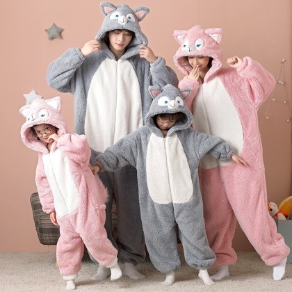 Cute Fox Onesie Pajamas Matching Family Thick Coral Fleece Holiday Kigurumi