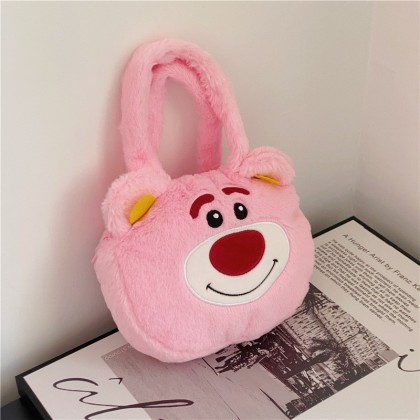 Sweet Cute Plush Pink Strawberry Bear Student Portable Tote Bag