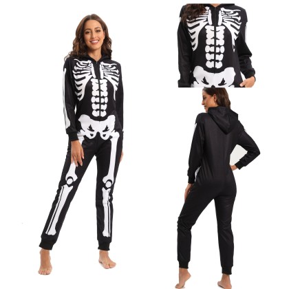 Skull Print Fleece Women One-Piece Pajama With Hooded Halloween Costume